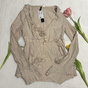 H&M Light Beige Linen-Blend Tie Front Blouse